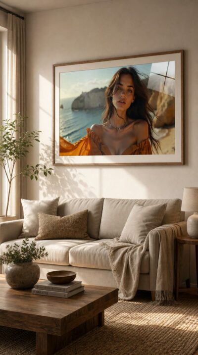 A windswept woman with olive skin and luminous eyes gazes seaward, her amber dress catching warm light above a turquoise coastal cove.