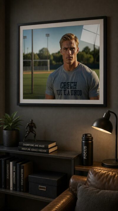 A blond, square-jawed athlete stands at a sunlit ballfield, his clear gaze and quiet intensity framed by green outfield and open sky.
