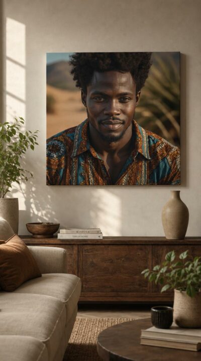 A radiant portrait of a young African man in a vivid patterned shirt, his quiet smile glowing against the warm haze of a desert afternoon.