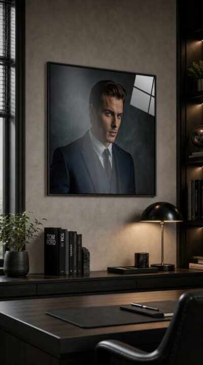 A hyperrealistic studio portrait of a sharp-featured man in a navy suit, his pale blue gaze cutting through soft shadow with quiet, magnetic poise.