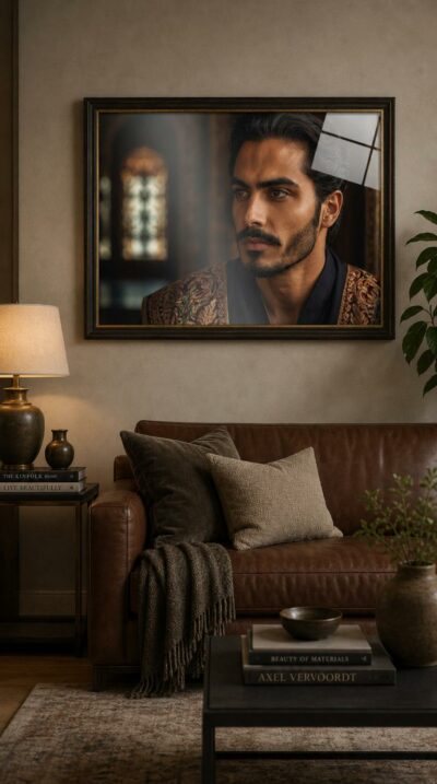 A poised young man in gold-embroidered robes gazes past us, lit by soft light from a stained-glass window in an ornate, shadowed interior.