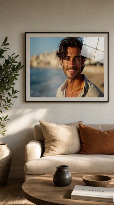 A sun-warmed portrait of a smiling young man on a Mediterranean shore, dark curls tousled by the breeze, deep brown eyes meeting yours with easy confidence.