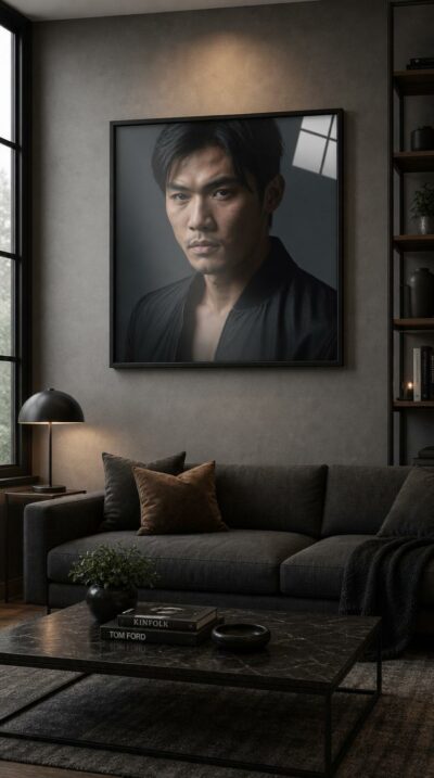 A close-up portrait of an East Asian man, his calm, defiant gaze emerging from soft shadow against a smoky charcoal backdrop.