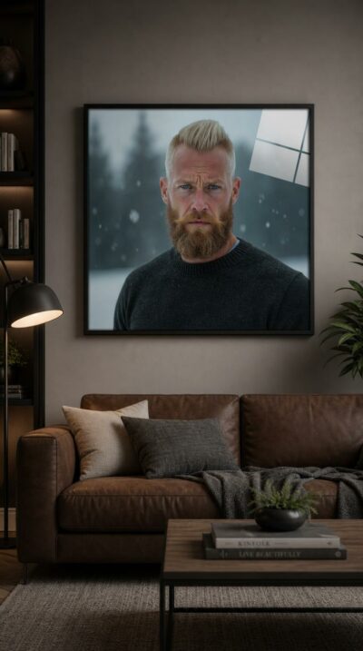 A blond, bearded Nordic man with piercing blue eyes stands resolute amid falling snow, his gaze steady against a hushed winter forest.