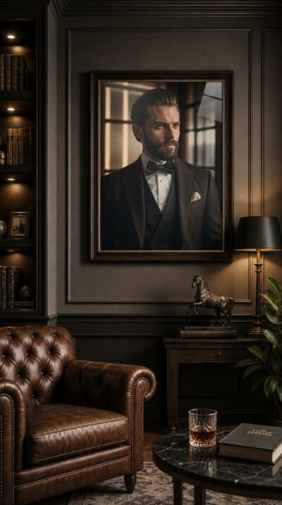 A composed gentleman in a black tuxedo and bow tie stands by a tall window, his groomed beard and steady gaze caught in warm, low evening light.