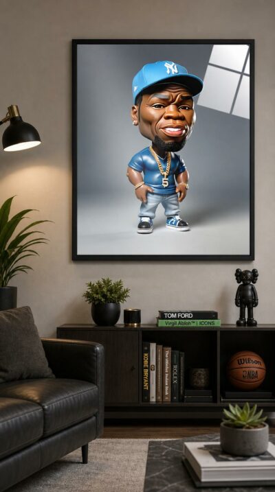 A cuddly caricature of 50 Cent stands proud in a sky-blue cap and gold chain, all big head and bold grin against a soft studio gray.