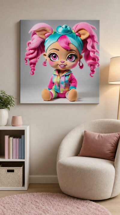 A wide-eyed plush caricature with candy-pink curls and a rainbow hoodie, beaming with playful, oversized charm against a soft studio backdrop.