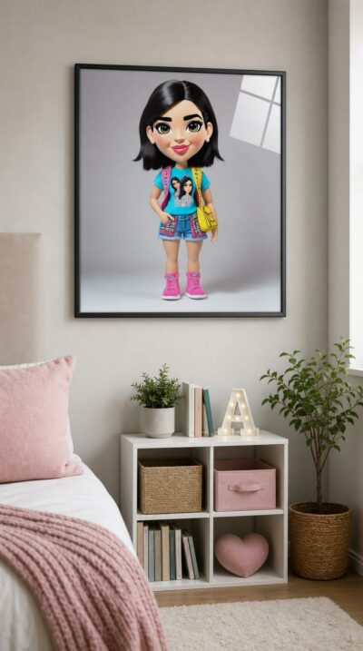 A wide-eyed plush caricature of a dark-haired pop star, all bubblegum sneakers, denim shorts and a sunny shoulder bag, beaming against soft grey.