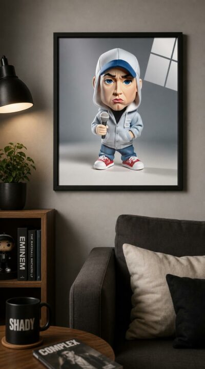 A soft, oversized caricature of the rapper stands wide-legged in cap and hoodie, mic in hand, brow furrowed with playful seriousness.