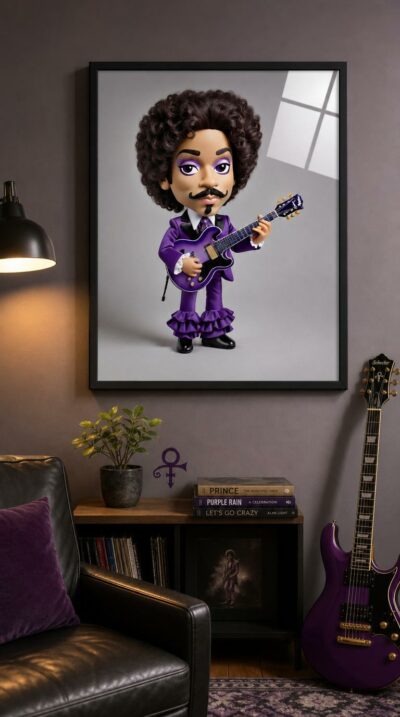 A soft, big-headed caricature of Prince in head-to-toe purple, cradling a curvaceous guitar with a wink of glamour and pure pop joy.