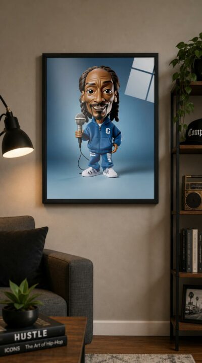 A grinning, big-headed plush caricature of a hip-hop legend in a blue tracksuit, microphone in hand, set against a calm gradient of steel blue.