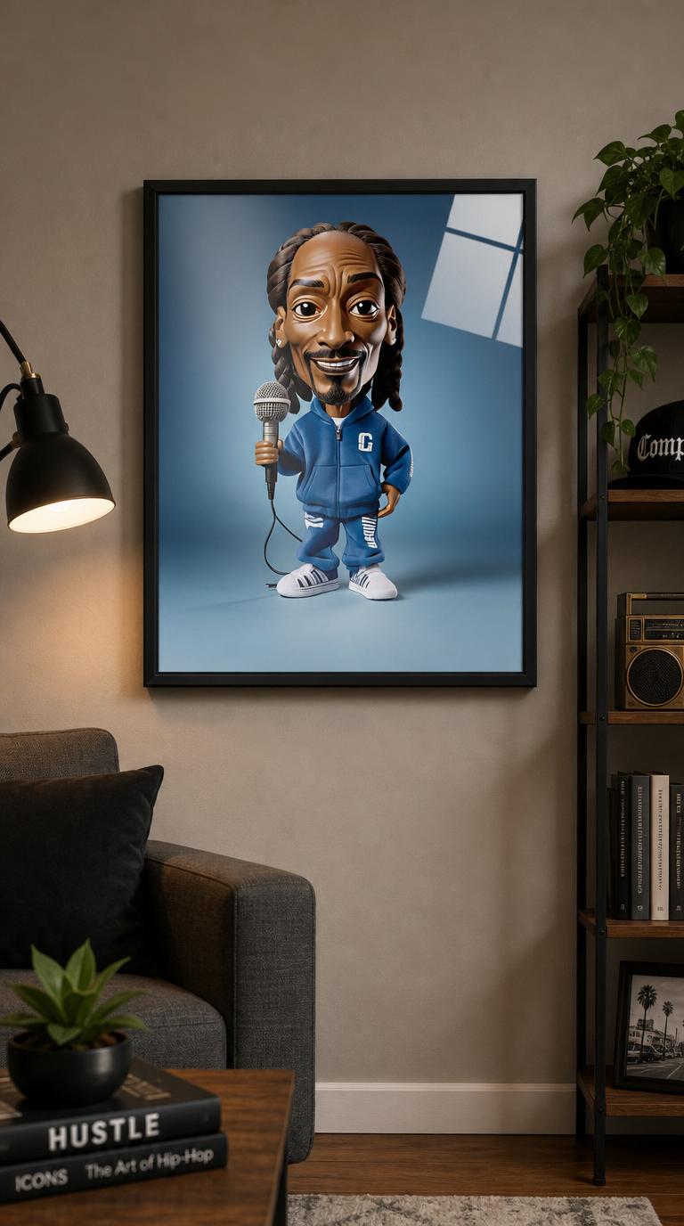 A grinning, big-headed plush caricature of a hip-hop legend in a blue tracksuit, microphone in hand, set against a calm gradient of steel blue.