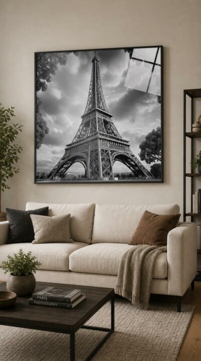 A monumental black-and-white study of the Eiffel Tower rising into a brooding, cloud-laden sky, framed by dark foliage.