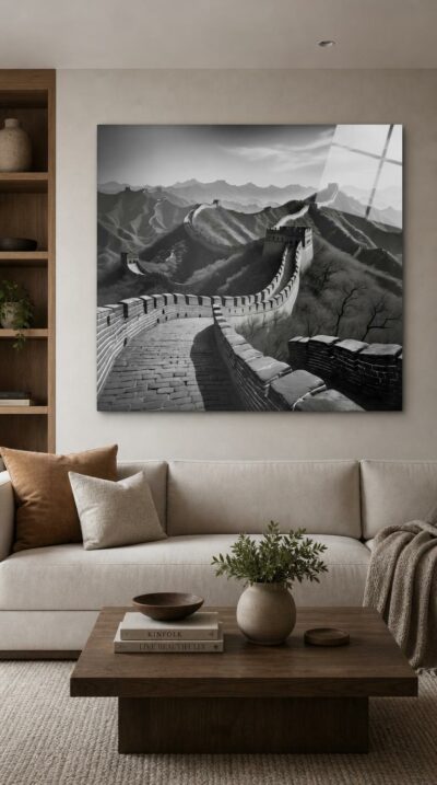 The Great Wall snakes across misty mountain ridges in dramatic black and white, its ancient stone path curving toward distant, fog-veiled peaks.