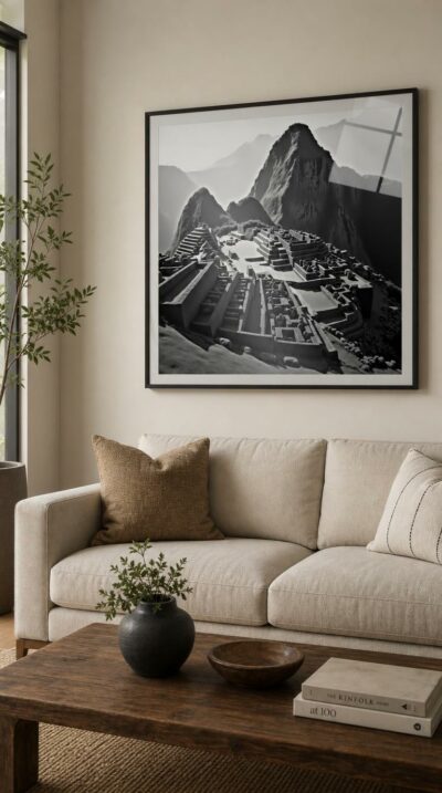 The terraced citadel of Machu Picchu rises in dramatic black and white, its stone walls and stairways cradled by towering Andean peaks under soft, silvered light.