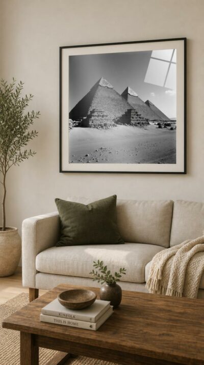 Three great pyramids rise from a sea of sand under a clear sky, rendered in dramatic black and white that lends timeless grandeur to ancient stone.
