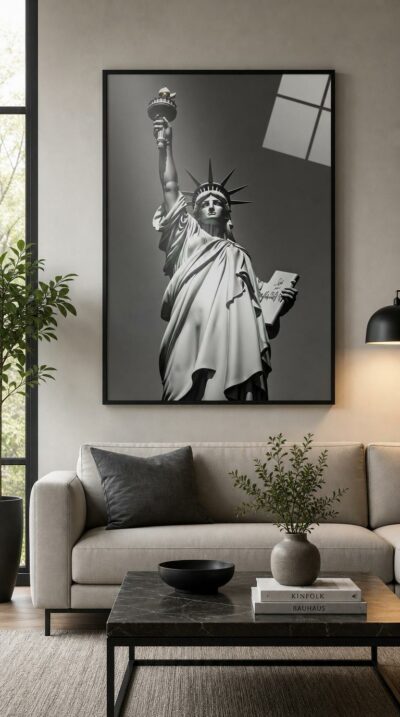 The Statue of Liberty raised against a soft gray void, torch lifted high in a dramatic, sculptural black-and-white portrait of timeless resolve.
