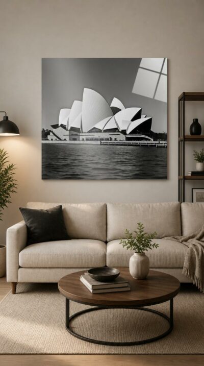 The Sydney Opera House rises in luminous white sails against a graphite sky, mirrored in dark harbor water, rendered with sculptural clarity in black and white.