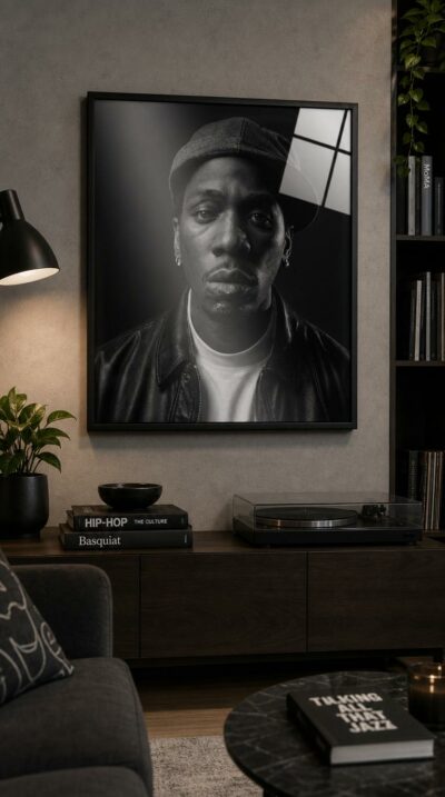 A hyperrealistic black-and-white portrait of a man in a flat cap and leather jacket, lit with the quiet gravity of classic studio photography.
