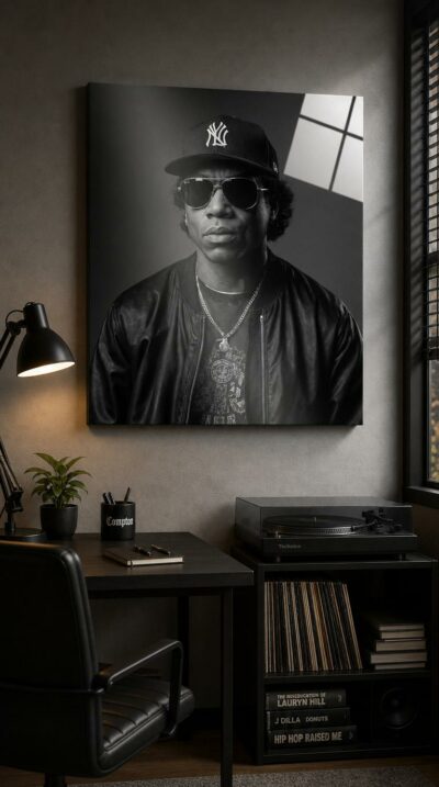 A hip-hop icon captured in luminous black and white, aviator shades and a fitted cap framing a quiet, unshakable presence.