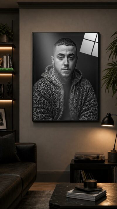 A close, luminous black-and-white portrait of a young man in a leopard-print hoodie, his calm gaze meeting yours against deep shadow.