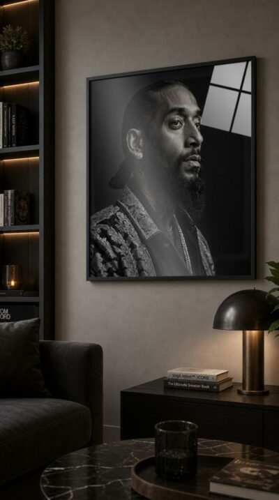 A hyperrealistic black-and-white portrait of a bearded man in profile, lit with classic studio elegance against deep shadow.