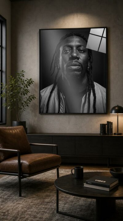 A black-and-white studio portrait of a man with long braids, gazing upward into the light with quiet, commanding presence.