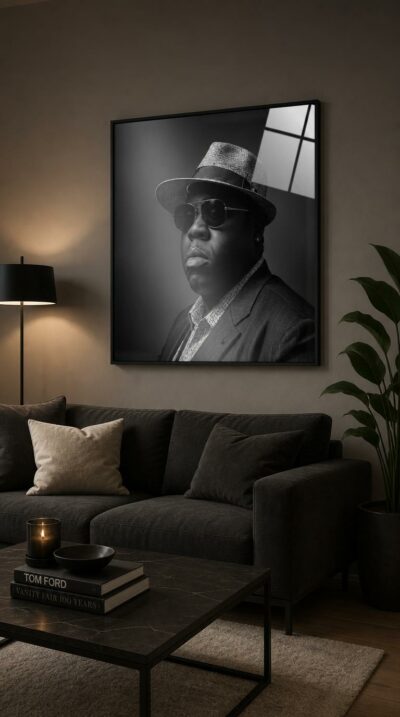A commanding black-and-white studio portrait of a hip-hop icon in patterned fedora and aviators, his presence radiating quiet, monumental cool.
