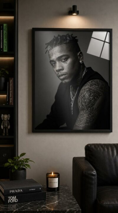 A hyperrealistic black-and-white portrait of a young man, gaze steady and unguarded, his tattooed presence rendered with studio-lit gravity and quiet intensity.