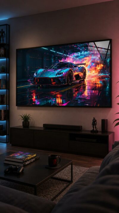 A sleek hypercar streaks through a wet, neon-lit tunnel, its body blazing with magenta and electric blue while reflections ripple across the slick floor.