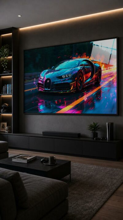 A hypercar tears down a rain-slicked highway at dusk, trailed by streaks of fire and neon, its surface alive with electric color.