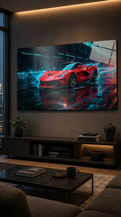 A scarlet Ferrari LaFerrari knifes through a rain-slicked night street, neon streaks blurring past its low, predatory silhouette.