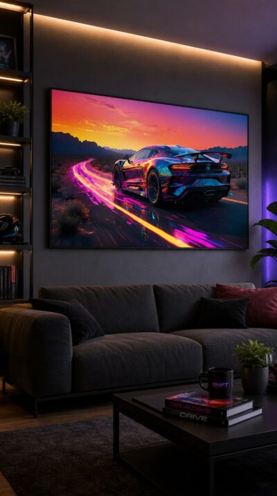 A hypercar tears through a neon-streaked desert at dusk, trailing ribbons of magenta and gold light beneath a blazing sunset sky.
