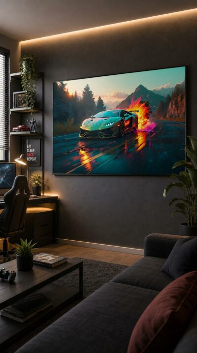 An emerald supercar carves a wet mountain pass at dawn, trailing a vivid burst of magenta and orange light across the asphalt.