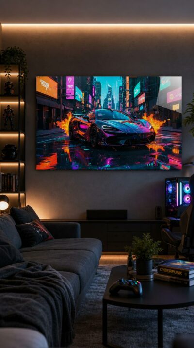 A gleaming supercar streaks through a neon-soaked city street, twin tongues of fire trailing its flanks as skyscrapers shimmer overhead.