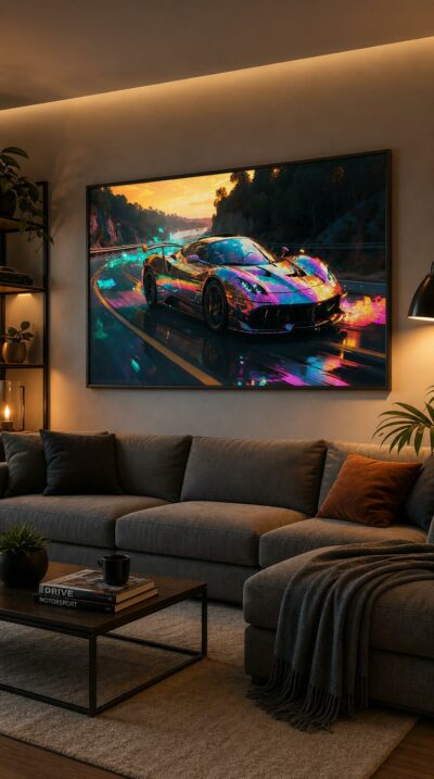 A supercar carves a coastal highway at sunset, its iridescent body trailing ribbons of neon light across the wet road.