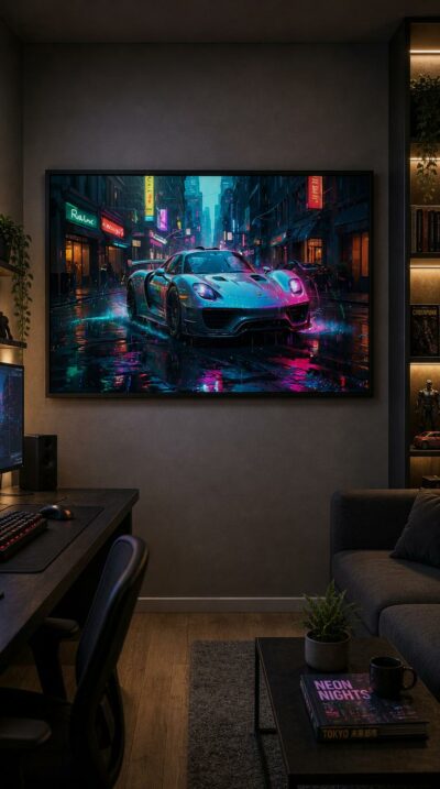 A silver supercar slices through a rain-soaked city at night, neon reflections trailing across glistening asphalt in streaks of magenta and cyan.