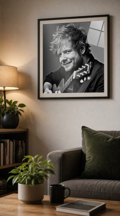 A luminous black-and-white portrait of a tousle-haired singer mid-smile, guitar in hand, caught in the velvety studio light of classic showbiz photography.