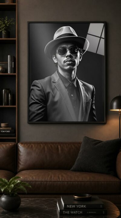 A poised black-and-white portrait of a stylish man in fedora and tinted glasses, lit with the timeless drama of classic studio photography.