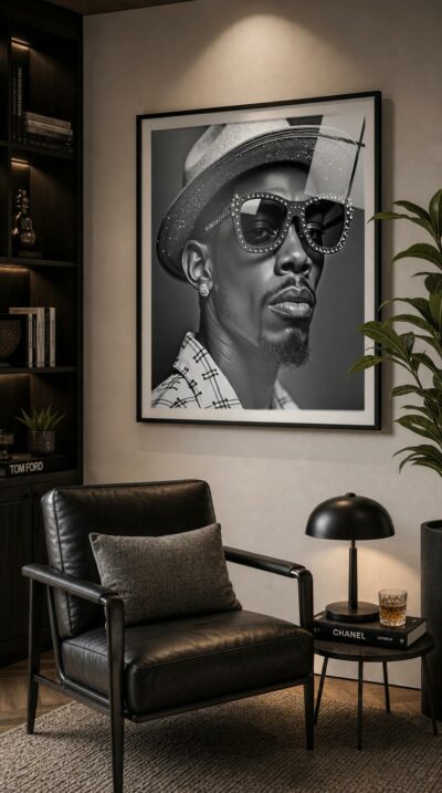 A striking black-and-white portrait of a stylish performer in a crystal-studded hat and rhinestone shades, poised between high glamour and playful swagger.