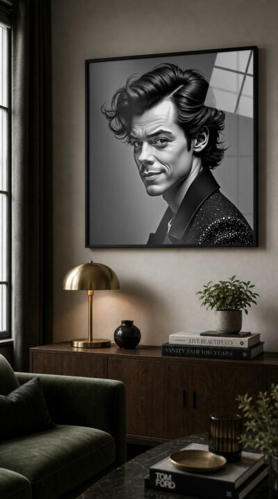 A dashing black-and-white portrait in playful caricature, where tousled waves, a knowing half-smile and a glittering jacket conjure the glow of a modern pop idol.