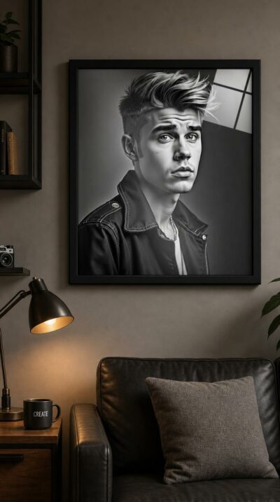 A young pop star rendered in luminous black and white, windswept hair and searching eyes caught in the timeless poise of a studio portrait.