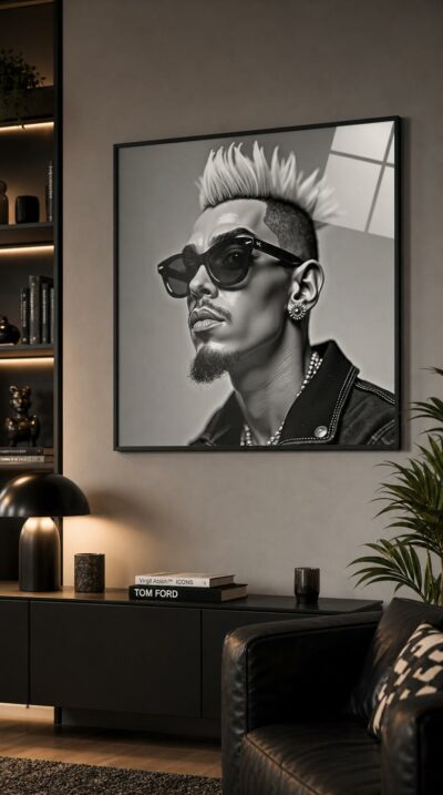 A bold black-and-white portrait of a spiky-haired star in studded sunglasses, captured with the polished glamour of a vintage portrait studio and a wink of caricature.