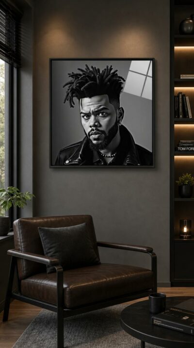 A magnetic black-and-white portrait of a young man with sculpted dreadlocks and a leather jacket, caught between studio glamour and bold caricature.