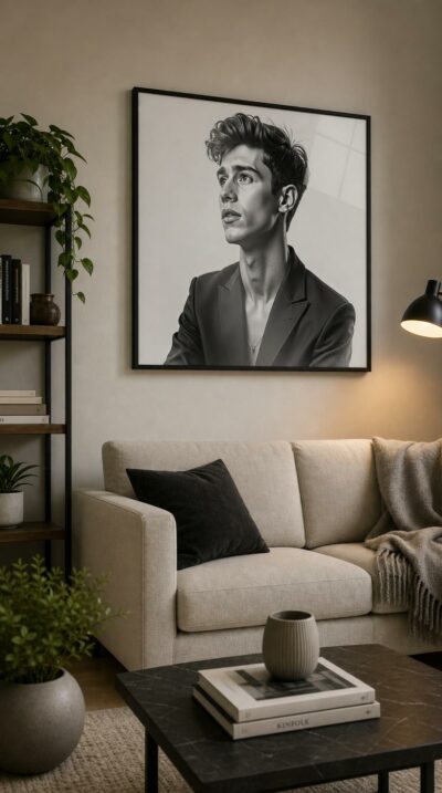 A luminous black-and-white portrait of a young singer gazing upward, where studio elegance meets a sculptor's precision in every contour of light and shadow.