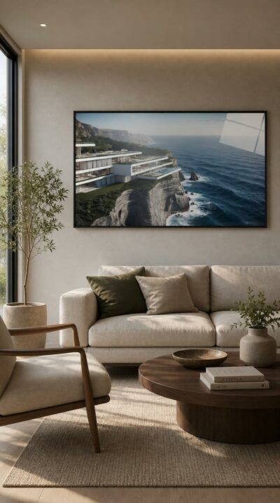 A sleek white villa cascades along a coastal cliff, its glass terraces and infinity pool poised above a deep, restless ocean.