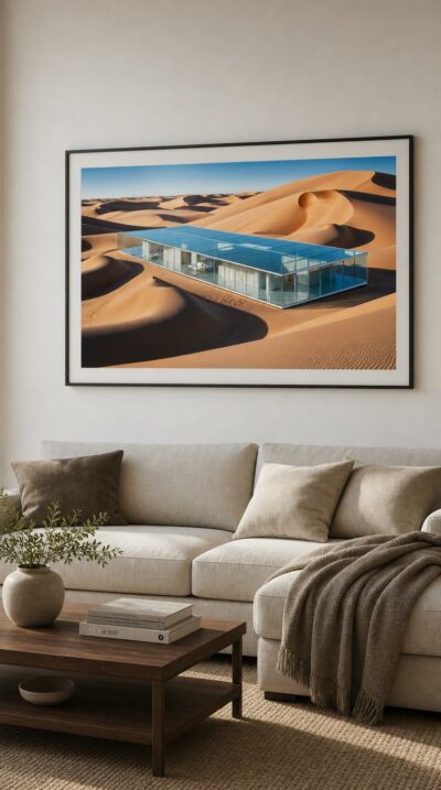 A luminous glass pavilion lies low among rolling dunes, its mirrored roof catching the sky while sand ripples stretch endlessly toward the horizon.