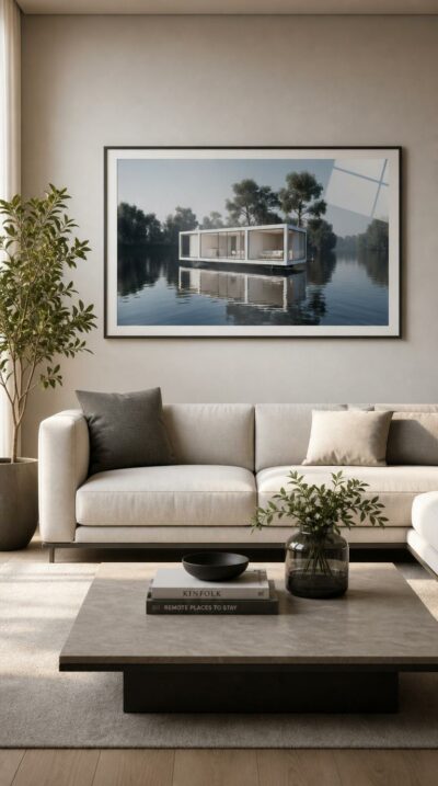 A minimalist glass-and-white pavilion floats on a mirror-still lake, its calm interior framed by silver trees and pale sky.