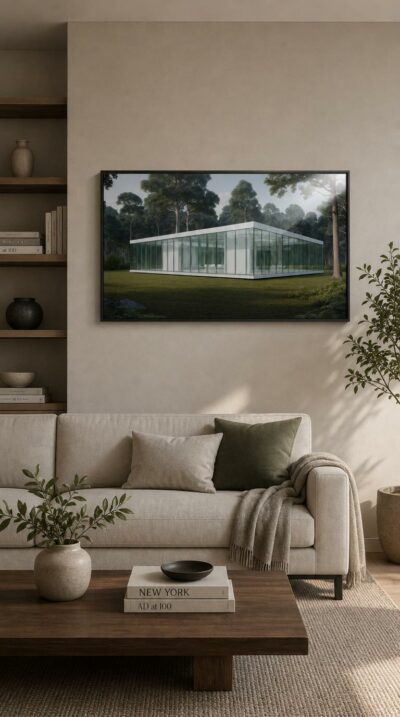 A transparent single-storey pavilion rests on a green clearing, its glass walls dissolving into the surrounding forest of tall, sunlit trees.