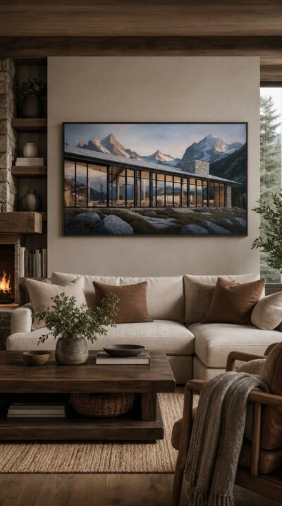 A modern glass-walled lodge nestled among snow-capped peaks, its warm interior glowing softly against the cool blue of an alpine dusk.